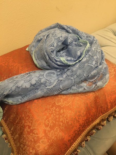All over silk lace blue lace scarf shawl hijab turban - AlSundus